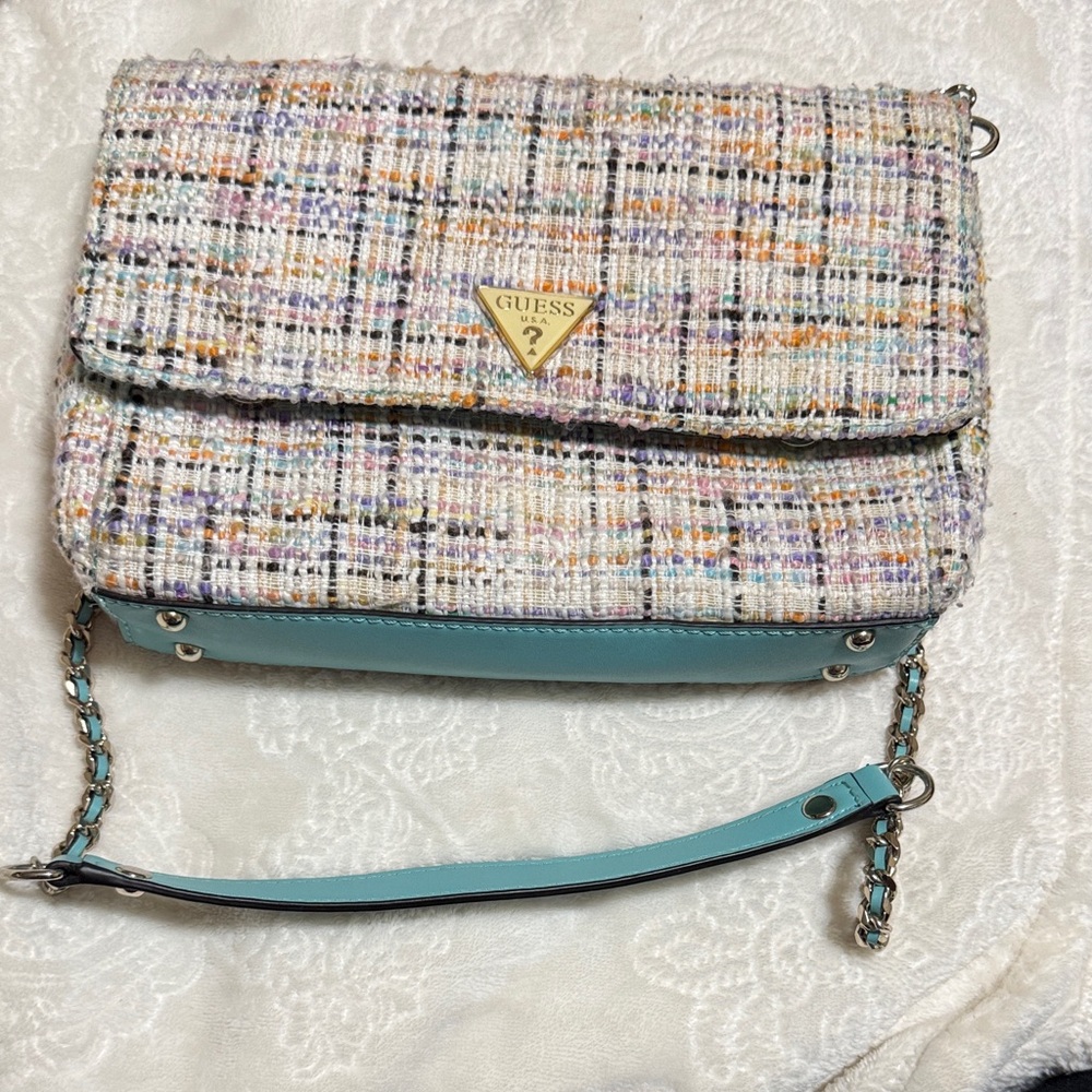 Guess Tweed Crossbody Bag with Blue Accent